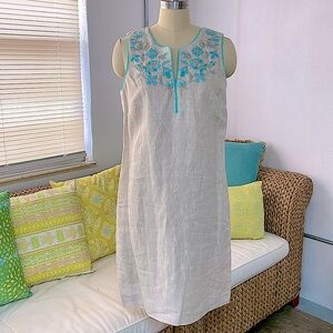 Sigrid Olsen Signature Linen Sleeveless Sheath Dress Natural/Aqua Size 6 New!